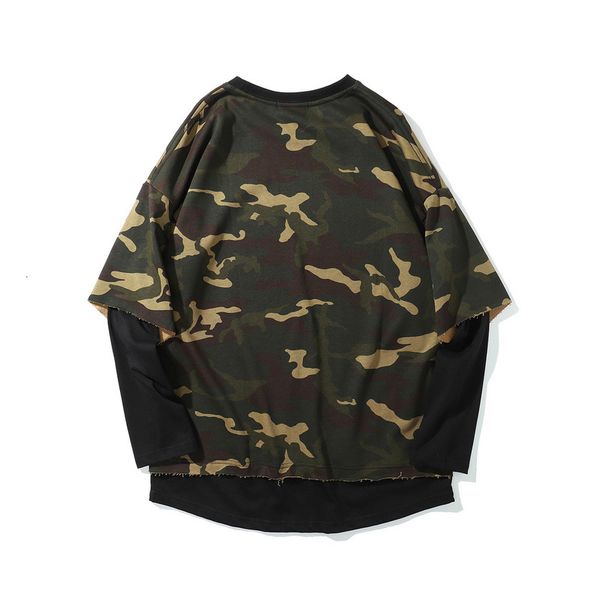 

осень new high street west retro камуфляж t рубашки поддельные две пьесы сыпучие плеча рубашки хлопок hip hop mens top, White;black
