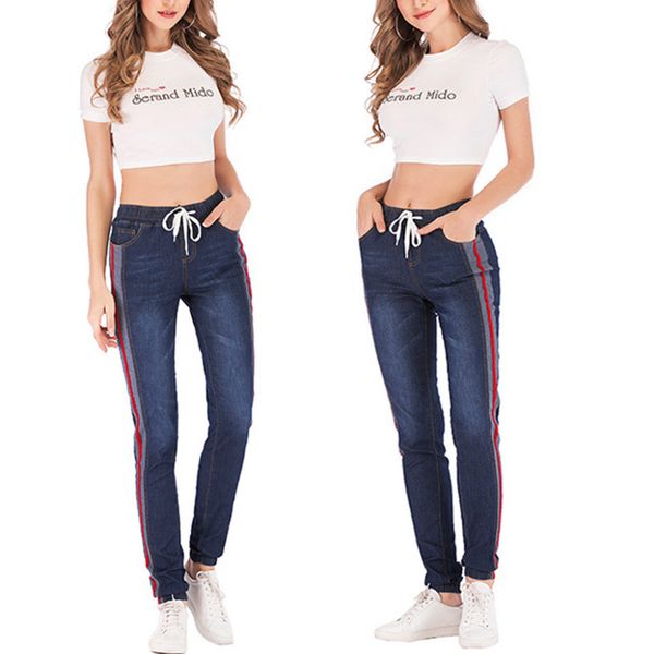 

women autumn elastic plus loose denim casual drawstring plus cropped jeans, Blue