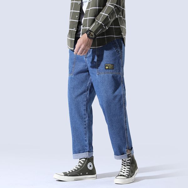 

spring new jeans loose straight cylinder pure large pocket workwear for men, Blue