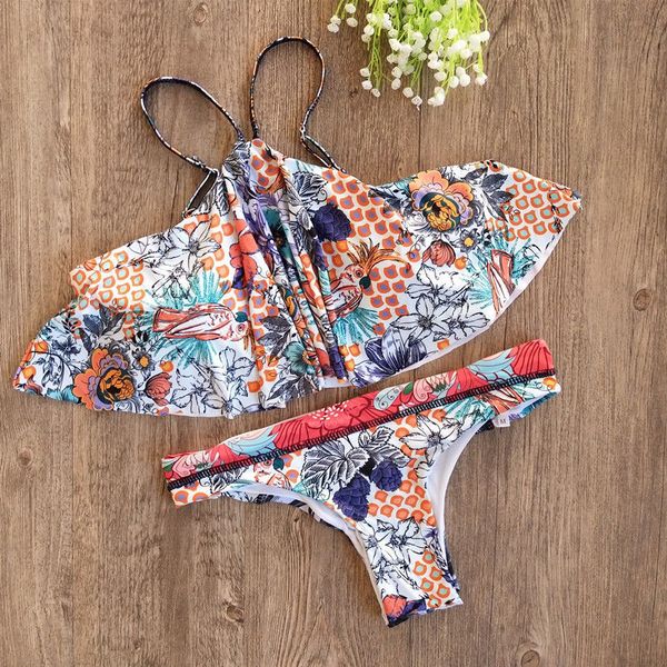 

bikini set vintage printing swimsuit women bandage lotus leaf triangle swimwear bathing suit beachwear swimming suit
