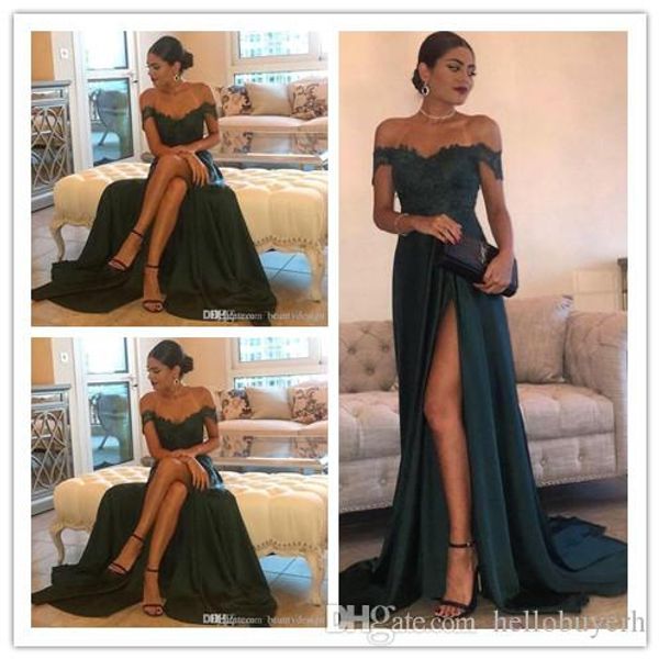 

темно-зеленый 2020 платье дешевые вечерние платья линия шифон плеча до пола со стороны высокого разделить кружева элегантный длинные пром ве, Black;red