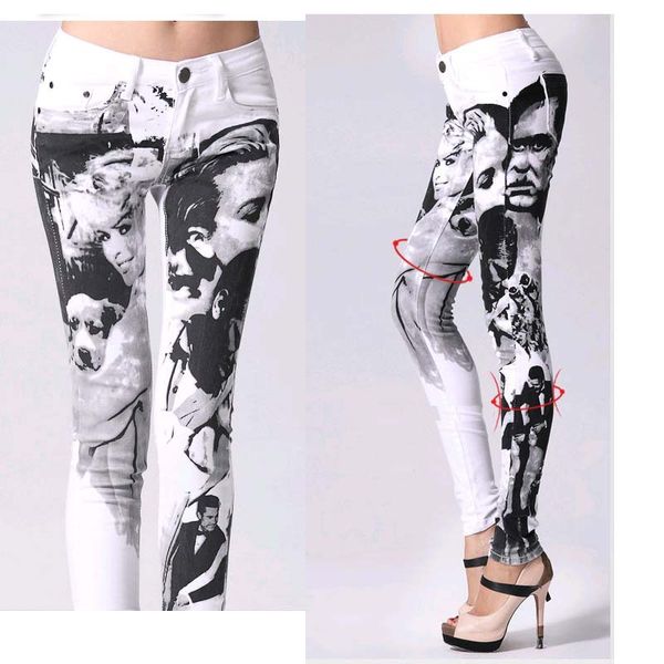 

wholesale fashion printing jeans woman casual pencil pants girl washed person pattern skinny long women jeans capris ing, Blue