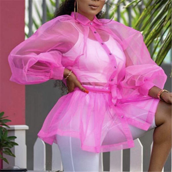 

women blouses shirts thin tulle transparent lantern sleeves see through elegant ladies fashion casual famale blusas, White