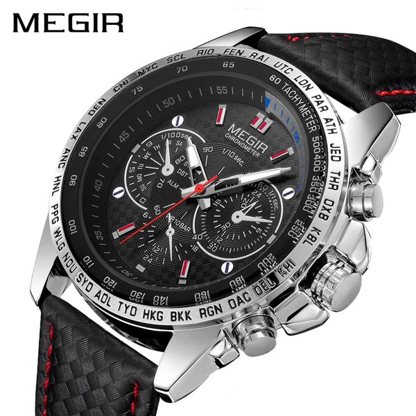 

megir sport mens watches brand luxury quartz men watch fashion casual black pu strap clock men big dial erkek saat 1010, Slivery;brown