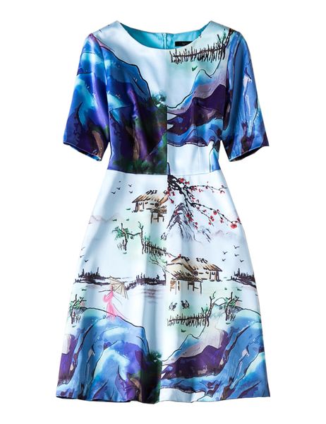 

vintage rural print wmen sheath dress round neck short sleeve casual dresses 09k1953, Black;gray
