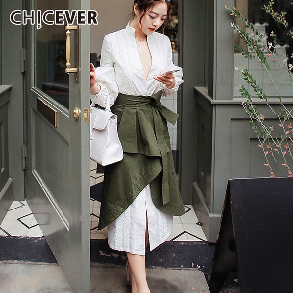 

chicever autumn two pieces set women suit puff sleeve white shirt with high waist irregular midi skirt clothes fashion korean