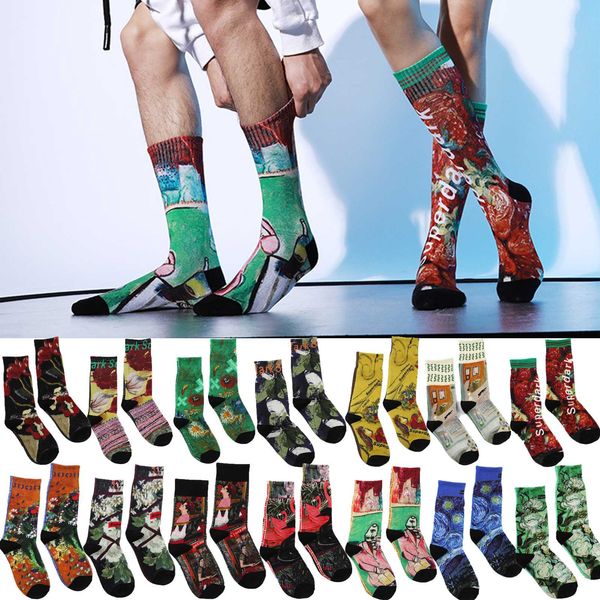 

2019 new printed cotton tide socks couple oil painting high socks funny personality men and women cotton, Black