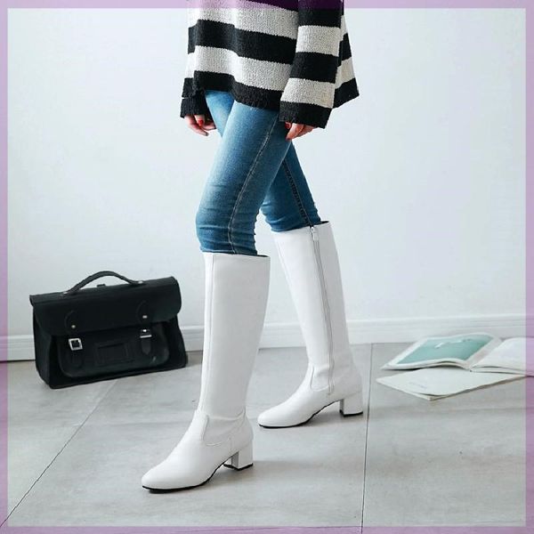 

2019 fashion zipper knee high boots women soft pu leather thick high heels long boots autumn winter woman shoes size 35-45, Black