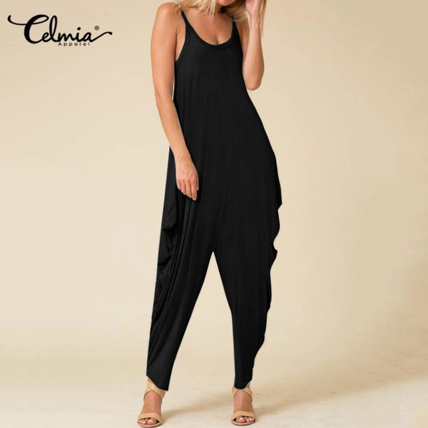 

s-5xl celmia summer long harem pants women casual sleeveless jumpsuits ladies elegant straps rompers plus size playsuits overall, Black;white