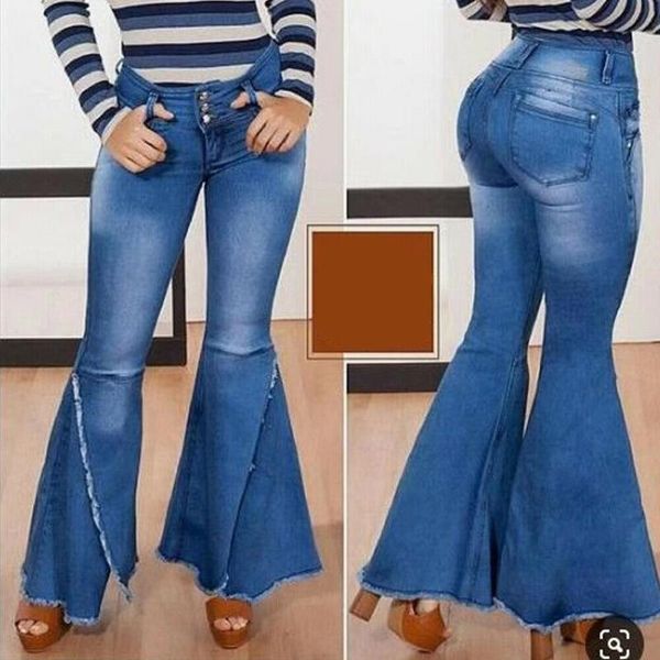 

female trouser denim flare pants plus size vintage jeans woman european style retro jeans, Blue