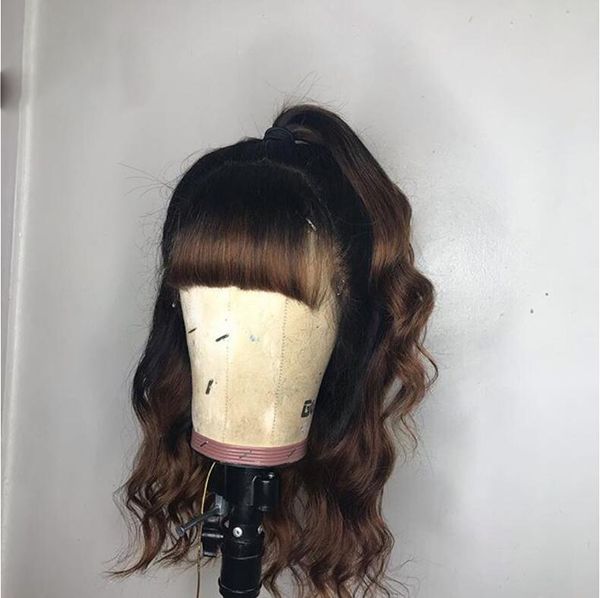 

paff lace front human hair wigs ombre brown colored remy brazilian with bangs full lace wigs for women pre plucked, Black;brown