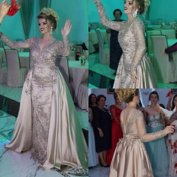 

Luxury Dubai Long Sleeve Evening Dresses Detachable Train Nigeria Lace Appliques Mermaid Prom Dresses 2019 Long Robes Africaines Gowns