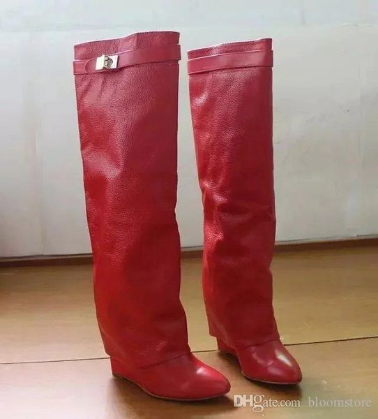 

Дизайнер металл акула замок женщины колено высокие сапоги польский кожа длинные