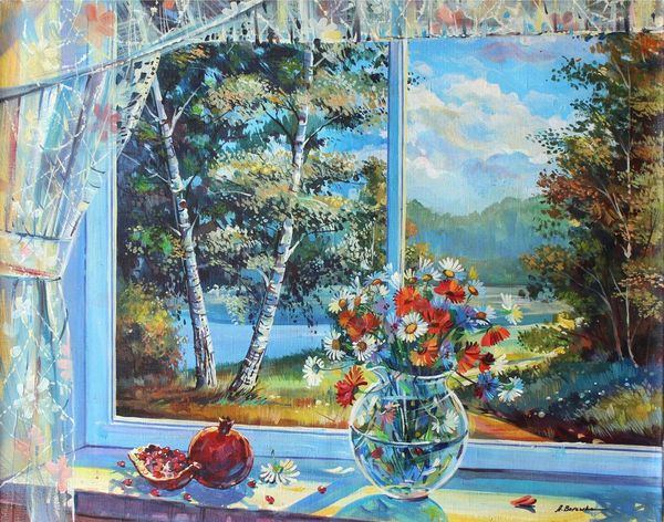 

alexander borewko floral window view "sunny day" home decor handcrafts /hd print oil painting on canvas wall art canvas pictures 1