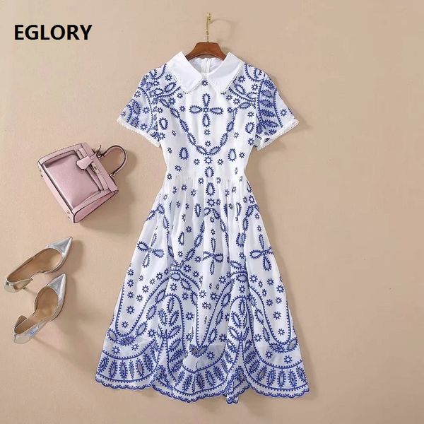 

fashion designer summer dress 2020 ladies turn-down collar blue embroidery short sleeve slim fitted a-line white dress, Black;gray