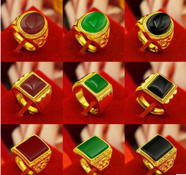 

factory wholesale fashion jewelry 24k gold-plated ring men jewelry agate rings black green red size long time not fade, Golden;silver
