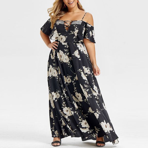

plus size summer dress women boho dresses party night elegant vintage off shoulder summer clothes for women vestidos, Black;gray