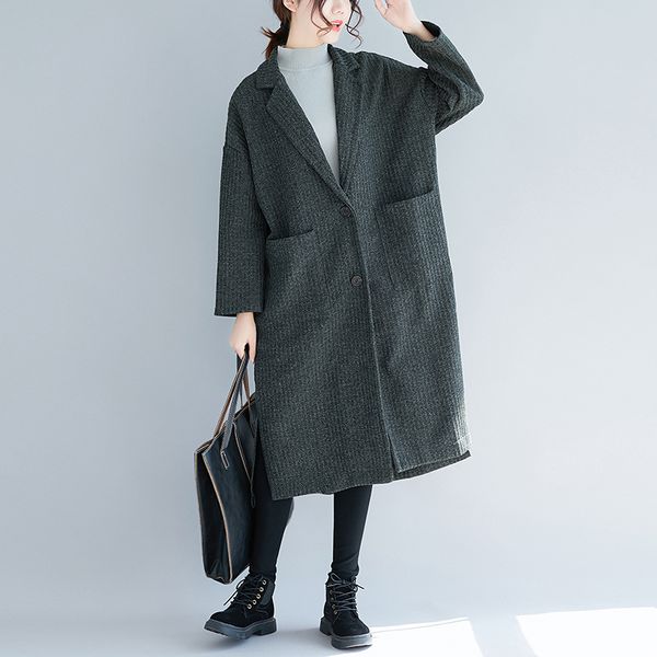 

vertical pit woolen loose coat 2019 autumn winter women's new large size korean long-sleeved single-breasted woolen coat z37, Black