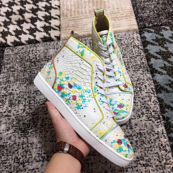 

с box eu35-46] мужской red bottom повседневной обувью рыбьей чешуей leather fashion high top узелок toe нерегулярными шипами кроссовки трен, Black