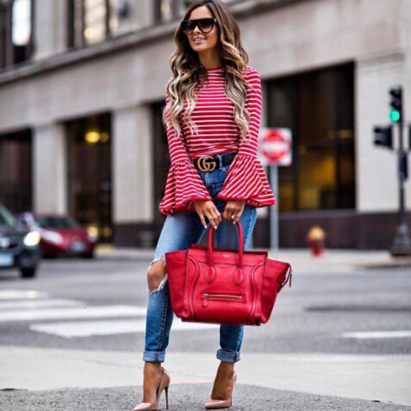 

blouse women ladies vintage women fashion white and red striped shirt blouses cotton blend roupas flare sleeve femininas shirts