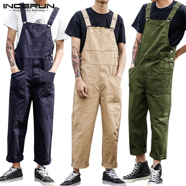 

men's pants 2021 men bib solid color casual jumpsuits streetwear joggers multi pockets fashion suspenders cargo overalls incerun 7, Black