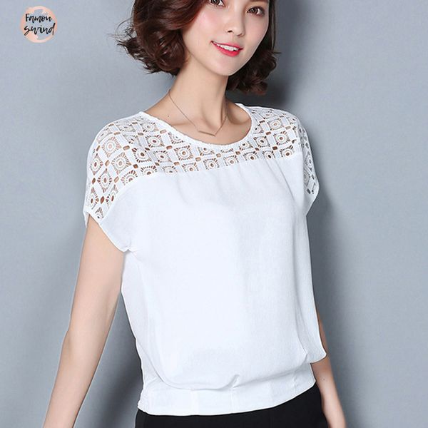 

женщины шифон блузка женщины топы шнурка лето 2019 с коротким рукавом blusa длинным рукавом feminina hollow top блуза plus размер g2, White
