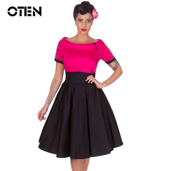 

oten 2020 ladies summer short sleeve vintage retro 50s 60s rockabilly skater swing midi flare dress clothing vestido de festa, White;black