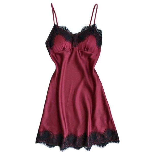 

women silk lace nightwear nightdress removable pad lingerie spaghetti strap sleepwear ladies, Black;red