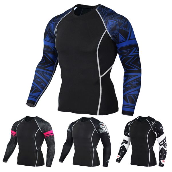 

men's fitness long sleeve rashguard t-shirt tight compression shirt elastic gym sports running sale, Black;blue