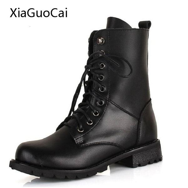 

fashion black mid-calf women combat leather round toe lace up boots x619