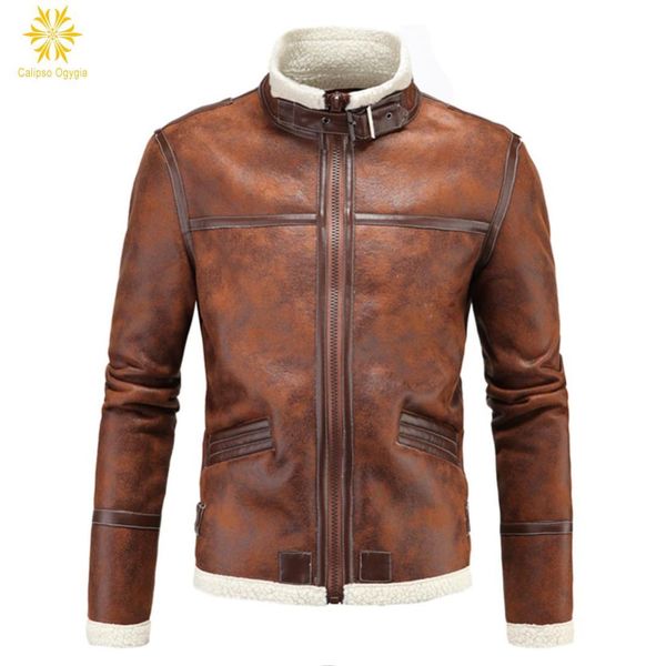 

calipso ogygia winter men's lambskin brown leather jacket black slim fit biker motorcycle jacket faux fur coats brand colthing
