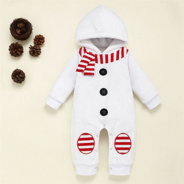 

2020 Cute Newborn Baby Boy Girl Snowman Romper Jumpsuit Winter Warm Clothes Baby Long Sleeve Hooded Coral Fleece Romper 0-2Y