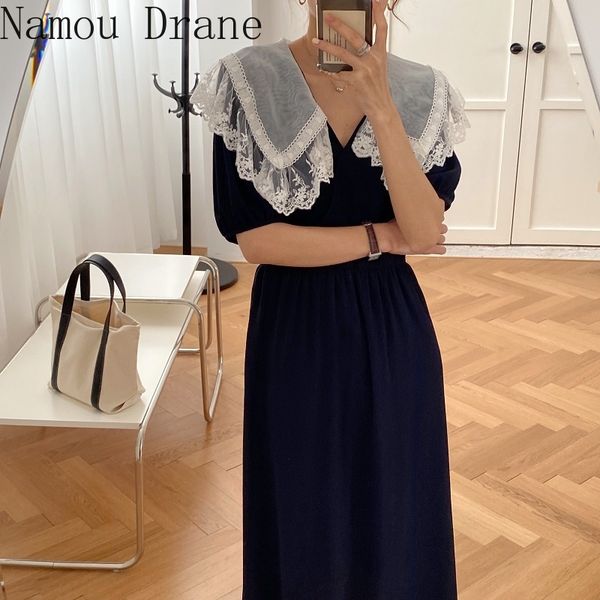 

2020 new summer korean style maxi dress party black dresses vestidos vinatge elegant organza doll lace collar dress, Black;gray