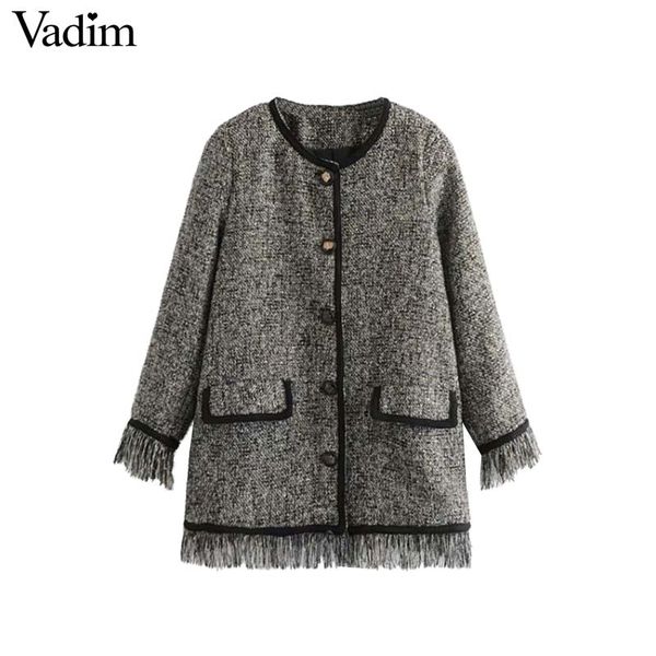 

vadim women tweed sequined tassels coat pockets long sleeve single breasted outerwear vintage female casual chic ca268, Black;brown