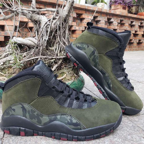 

2019 new 10 10s woodland camo basketball shoes for men medium olive black-dark army cinder mens sport trainers sneakers with box size 7-13