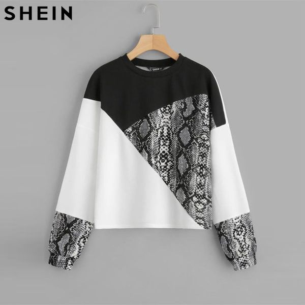 

shein color block snake skin sweatshirt preppy round neck long sleeve pullovers women autumn multicolor sweatshirts, Black