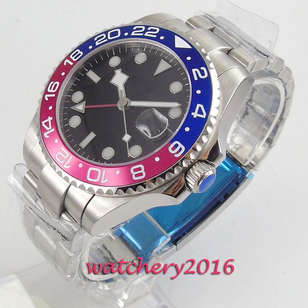 

43mm sterile black dial sapphire glass romantic sweet date window gmt luminous hands automatic movement men's watch, Slivery;brown