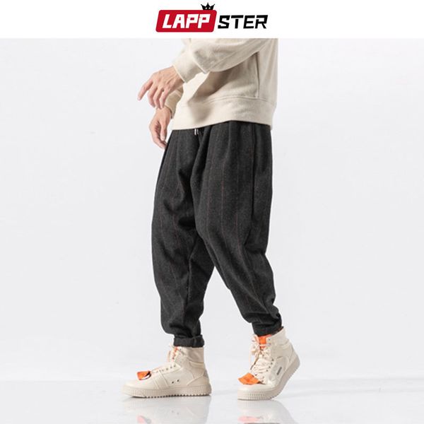 

японский streetwear толстые шаровары мужчин 2019 mens wool hip hop плед sweatpants мужской зимние повседневные брюки joogers, Black