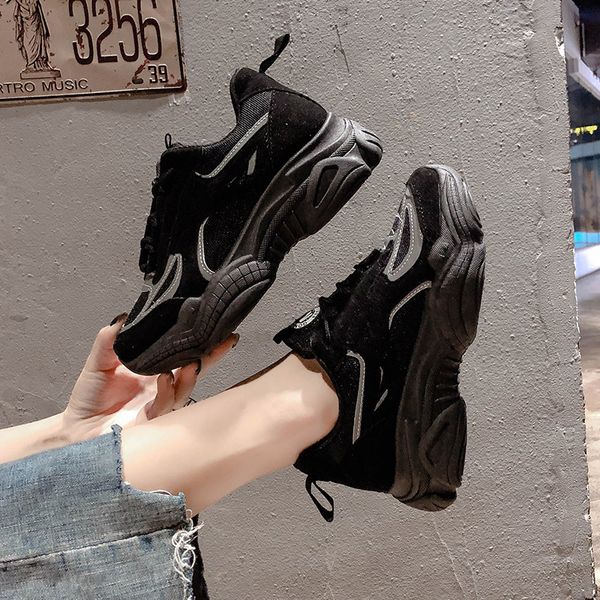 

black sneakers women ins 2019 spring breathable running shoes thick bottom increased reflective casual sports shoes zz-12