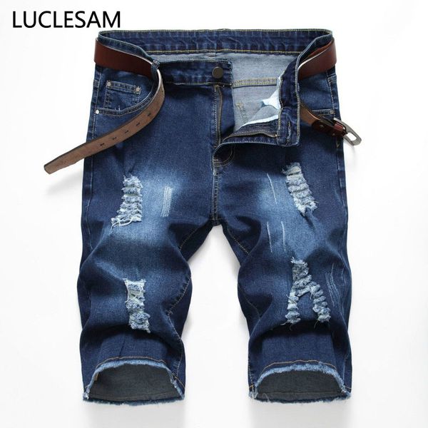 

men's jeans straight ripped denim shorts men 2021 summer casual destroyed hole stretchy designer distressed biker 42, Blue