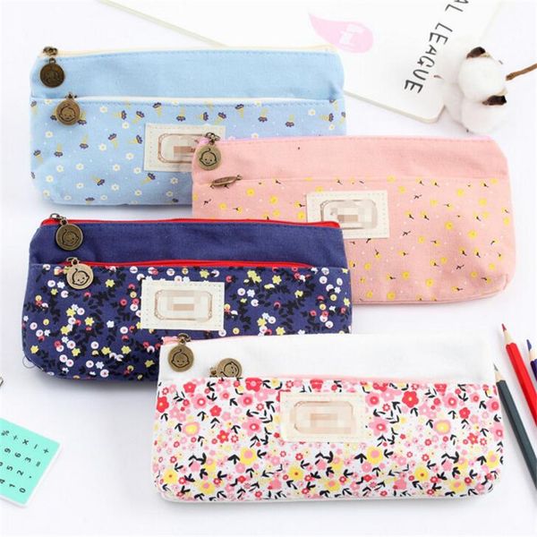 

1pc flower pencil case canvas double zipper pencil bag cosmetic bag school pouch