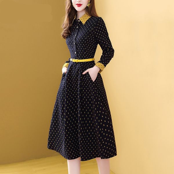 

france retro runway designer dress women's long sleeve print shirt dress turn down collar office work dress femme, Black;gray
