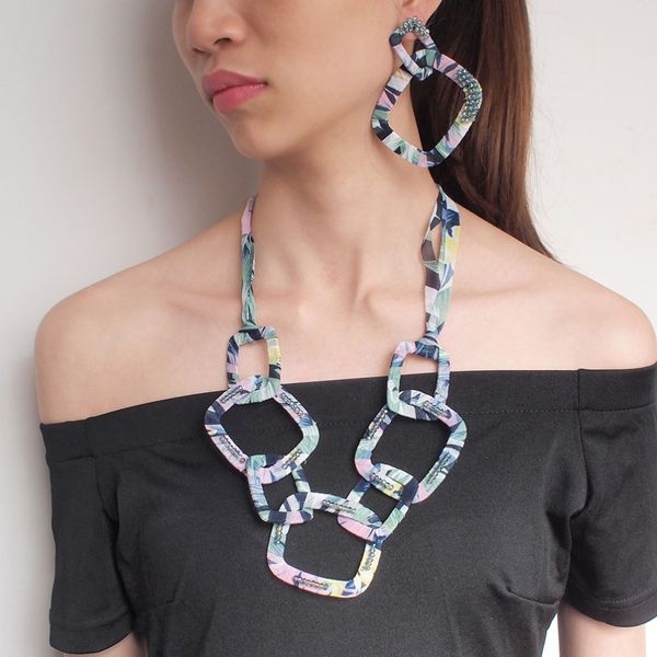 

bohemian cloth flower statement jewelry sets crystal beads square pendant necklace earrings sets party wear 2019 uken, Silver