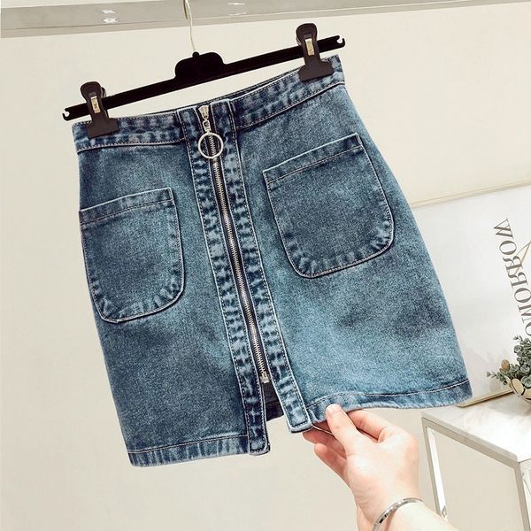 

ins 2020 summer fashion women high waist front zip denim skirt casual zipper a-line mini skirts pocket wrapover jeans skirt, Black;gray