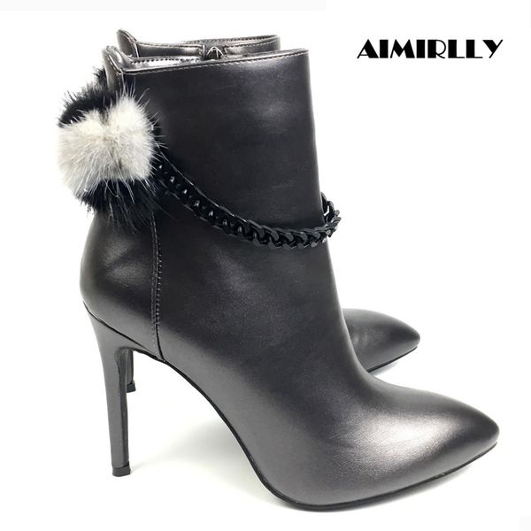 

womens ankle boots pointed toe high heel shoes zipper ankle chain decorated winter autumn party dress booties black aimirlly