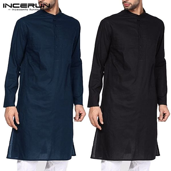 

men clothes suits shirt robe long sleeve shirt male loose stand collar long suits islamic camisa hombre, White;black