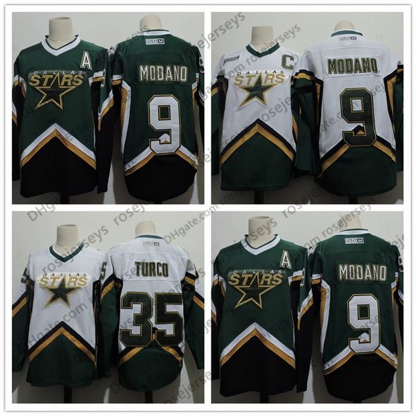 

men's dallas stars #9 mike modano 2005 green white vintage jersey #35 marty turco 2003 ccm home stitched retro hockey jerseys size s-4x, Black;red