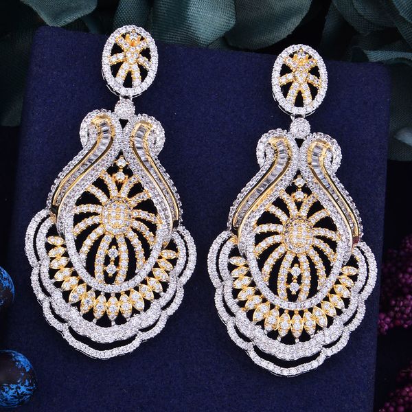 

godki 65mm luxury popular flower leaf full mirco setting cubic zirconia naija wedding earring fashion jewelry for women, Silver