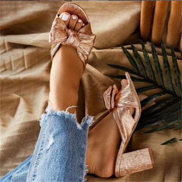 

summer women slipper plus size gold bling bow ladies slides thick heel open toe dress party flip flop female sandals shoes, Black