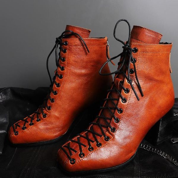 

karin big size 43 shoelaces 2020 fashion genuine leather high heel ankle boots woman shoes genuine cow leather boots women, Black